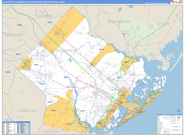 Atlantic City-Hammonton Metro Area Wall Map Basic Style